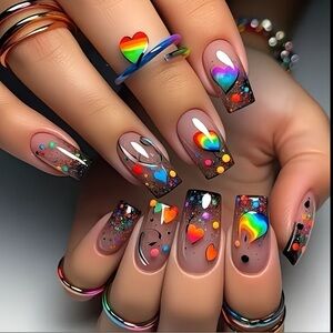24 pc Colorful Heart Design DIY Reusable false Nails